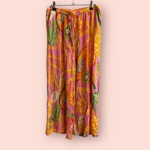 C&C California Fruit Print Wide Leg Pants M | Tropical Rayon Lounge Pants